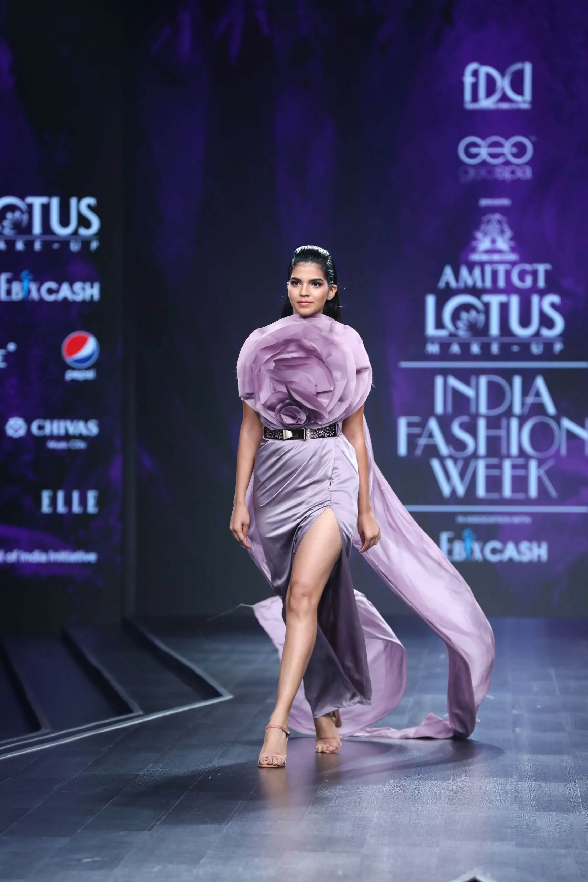 Lavender Pillar Gown With Floral Drape