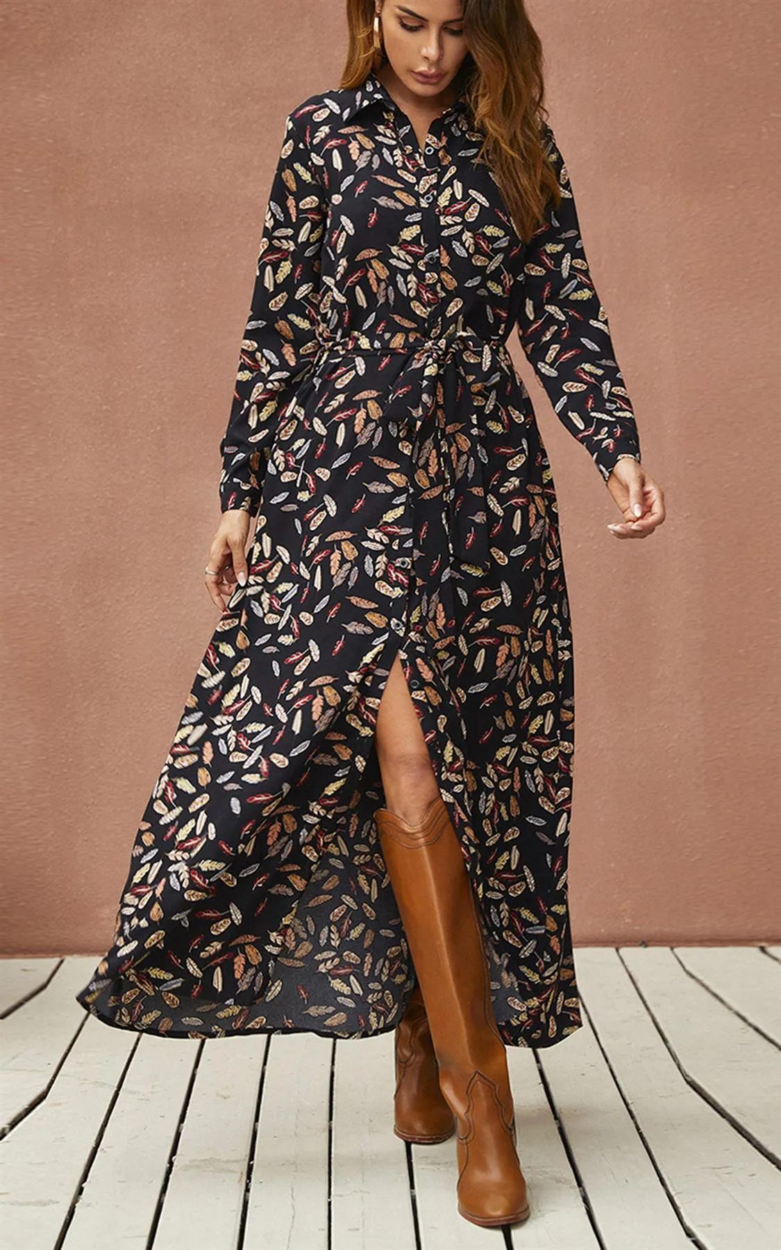Leaf Print Black Shirt Dress With Tie Waist   Free Gold Stretch Leaf Belt