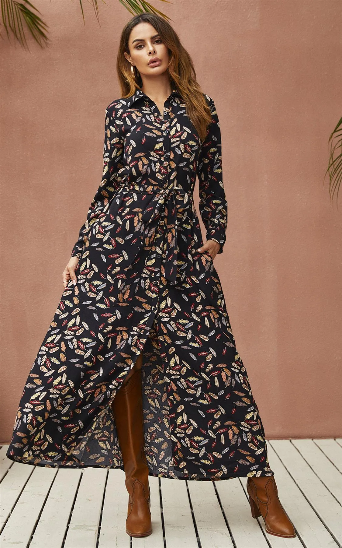 Leaf Print Black Shirt Dress With Tie Waist   Free Gold Stretch Leaf Belt
