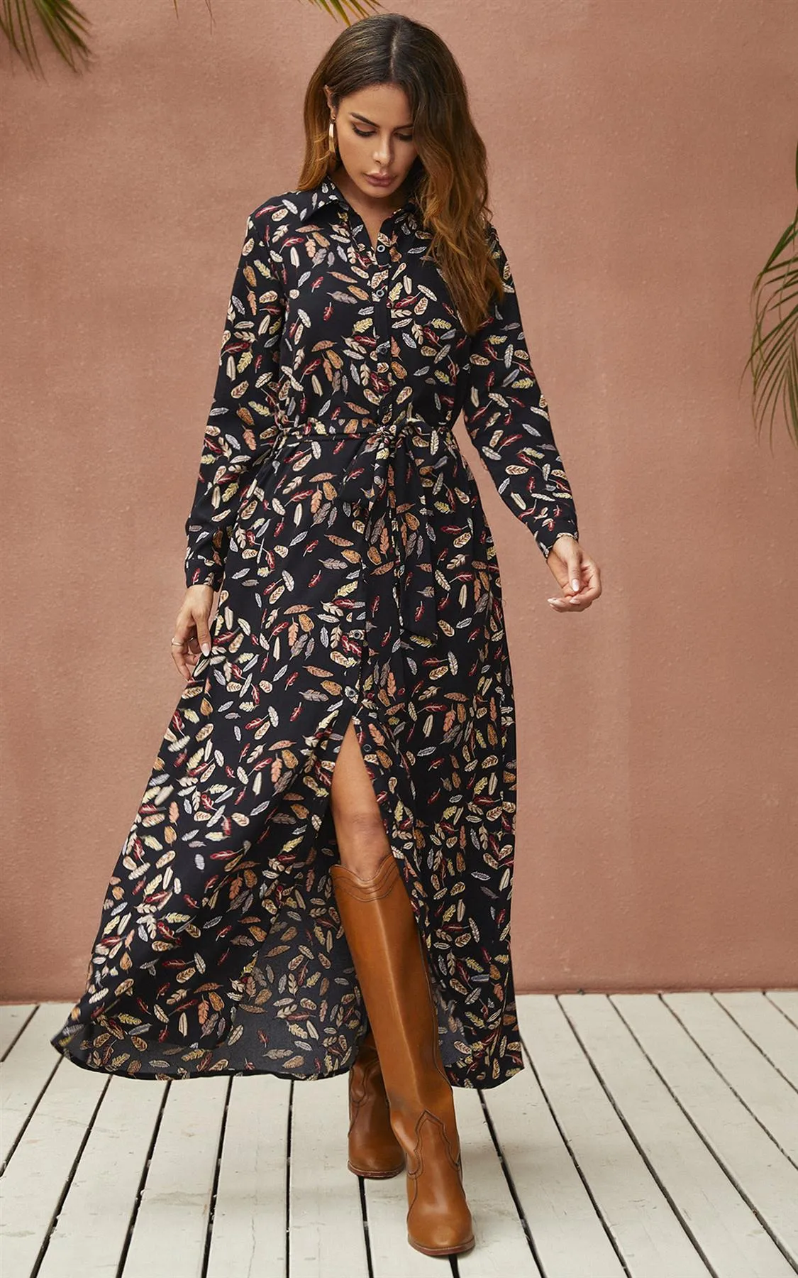 Leaf Print Black Shirt Dress With Tie Waist   Free Gold Stretch Leaf Belt
