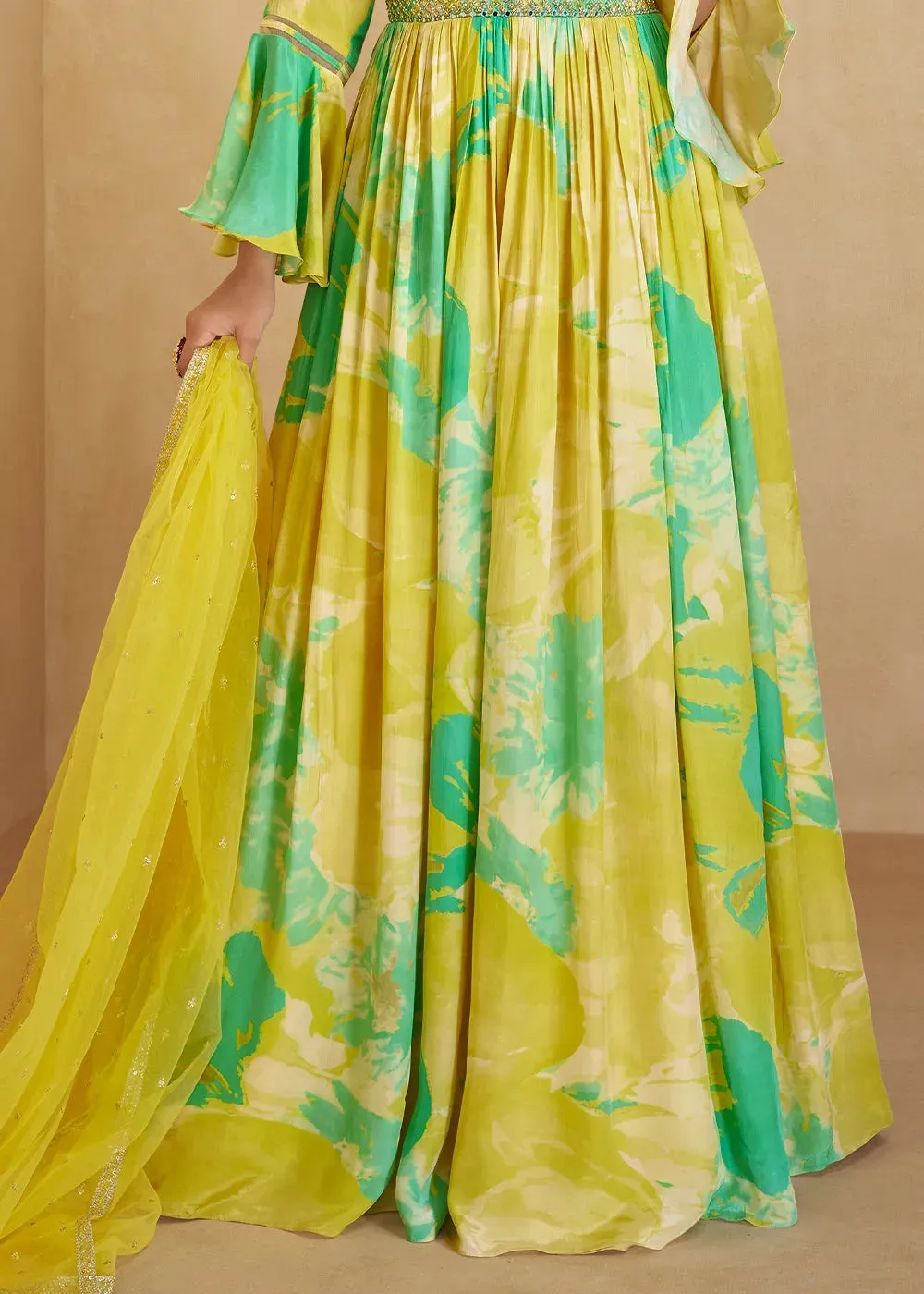 Lemon Yellow Digital Floral Printed  Chinon Anarkali Gown With Dupatta