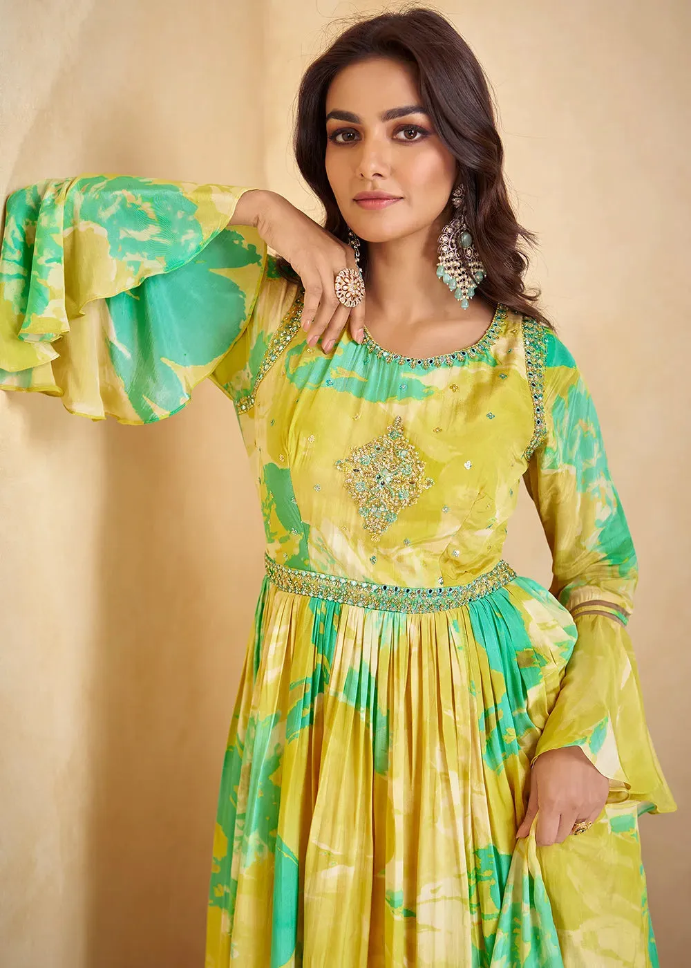 Lemon Yellow Digital Floral Printed  Chinon Anarkali Gown With Dupatta