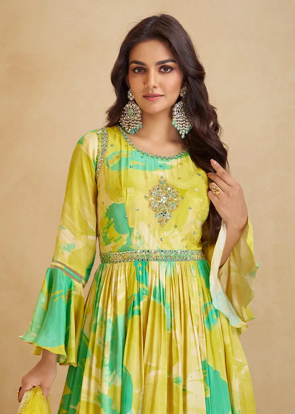 Lemon Yellow Digital Floral Printed  Chinon Anarkali Gown With Dupatta