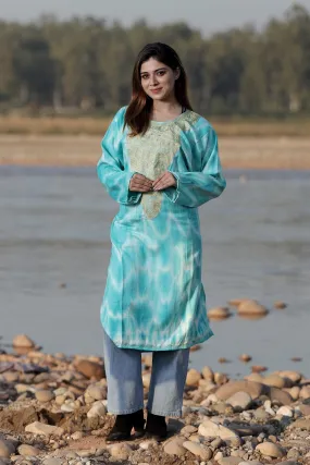 LOVELY DEEP FIROZI COLOUR TIE-DYE Aari Tilla Work Embroidered Phiran Enriched Designer Neckline Pattern