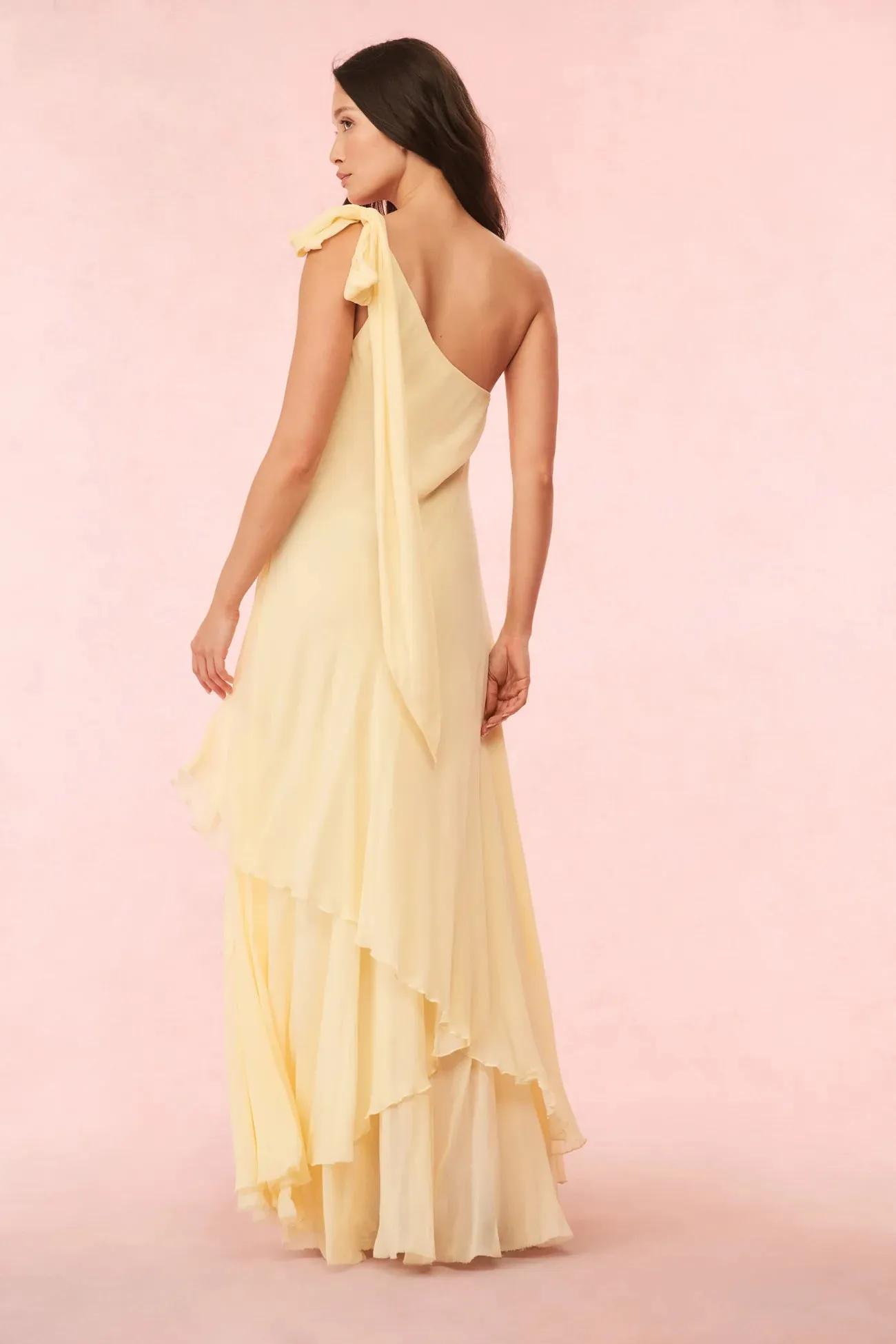 LoveShackFancy Alliara Chiffon One-Shoulder Gown