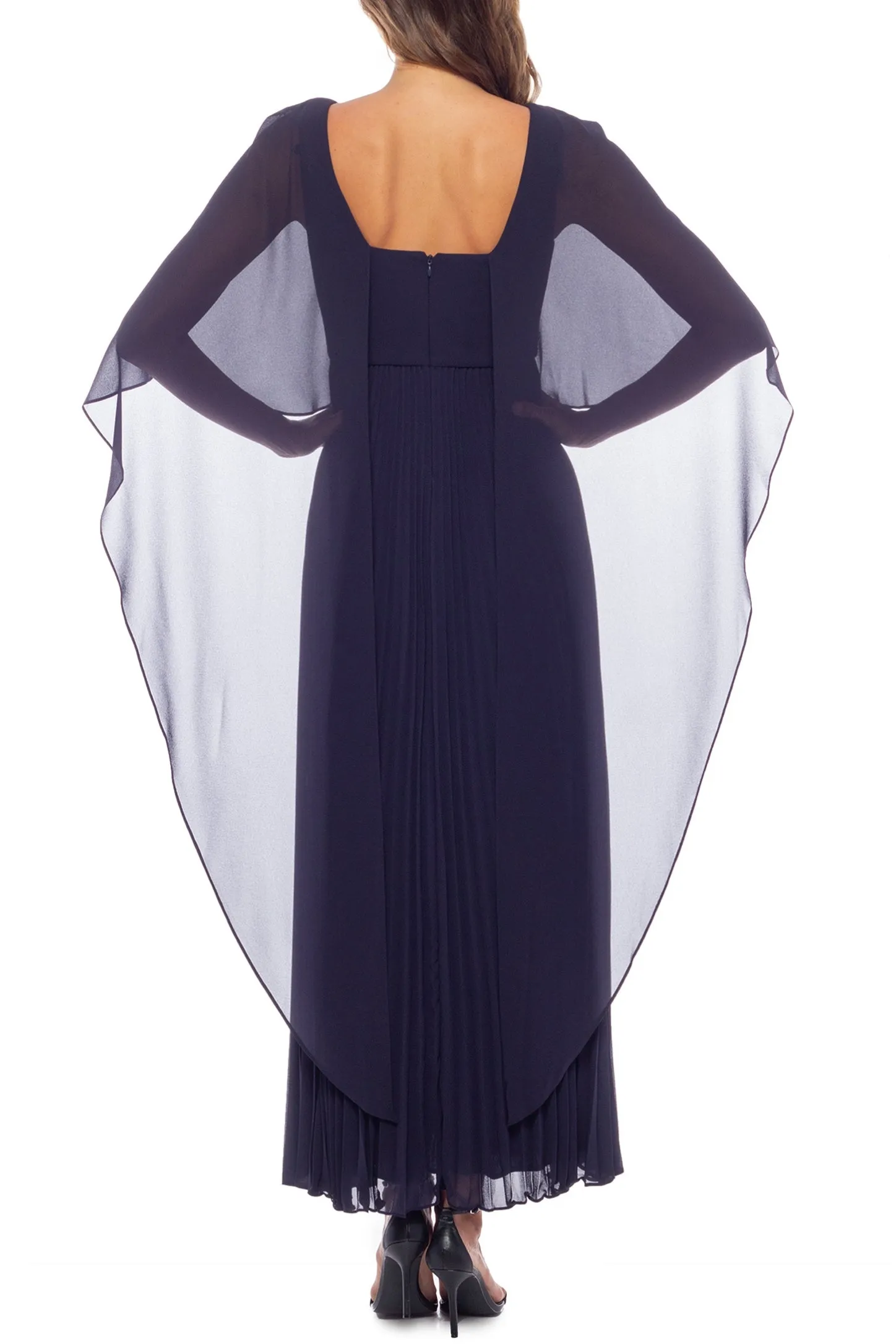 Marina Boat Neck Capelet Pleated Front Zipper Closure Solid Crepe Chiffon Gown