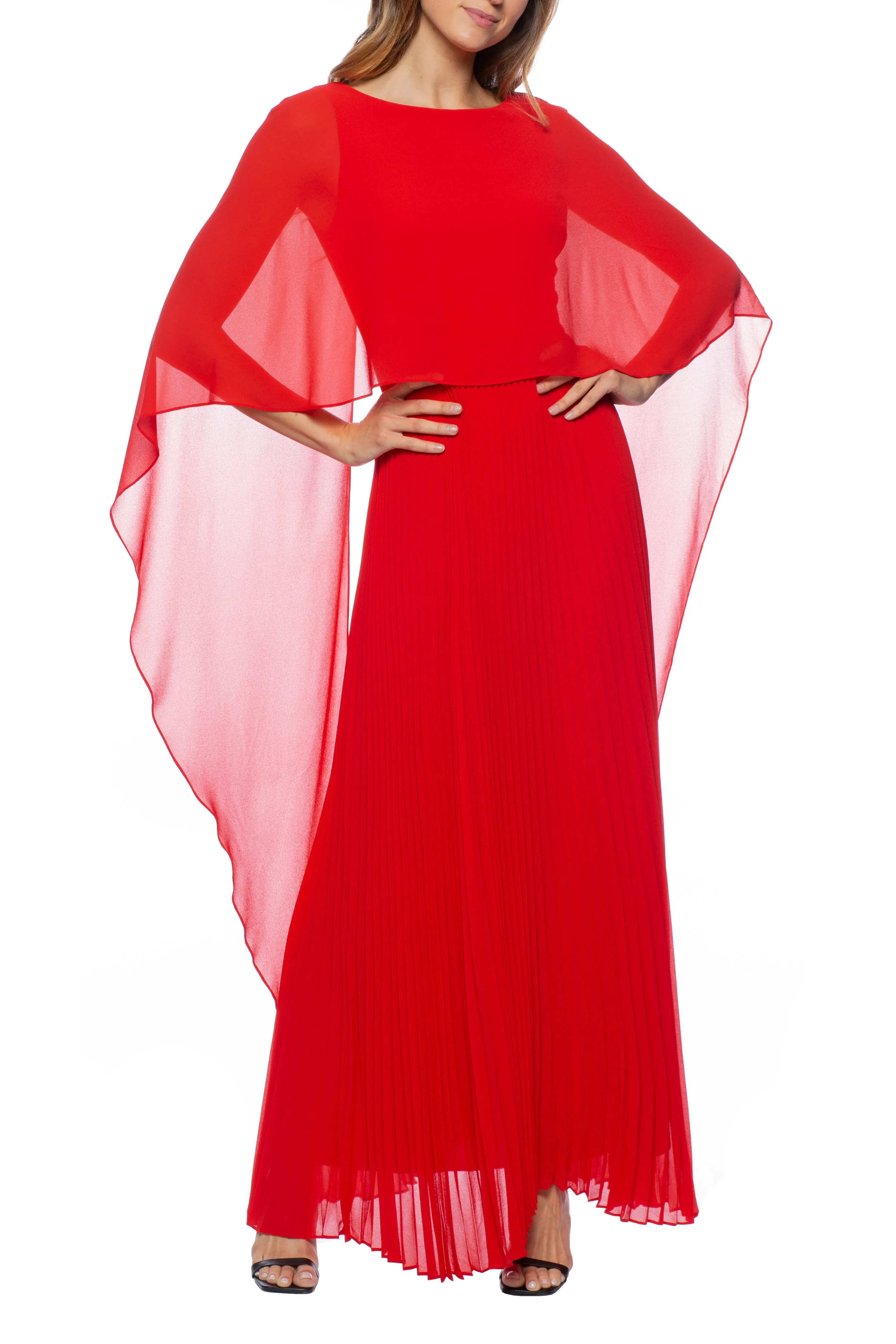 Marina Boat Neck Capelet Pleated Front Zipper Closure Solid Crepe Chiffon Gown