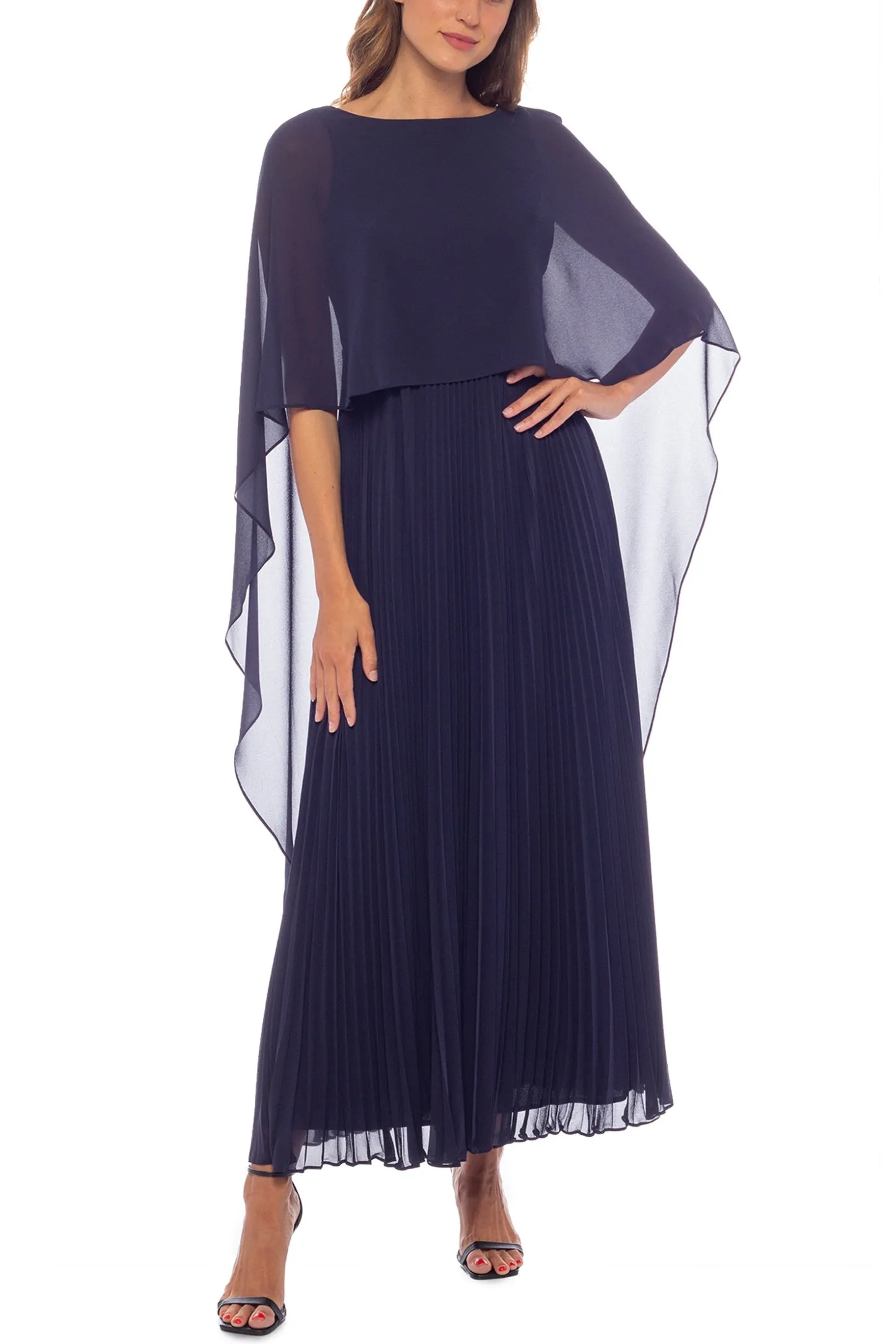 Marina Boat Neck Capelet Pleated Front Zipper Closure Solid Crepe Chiffon Gown