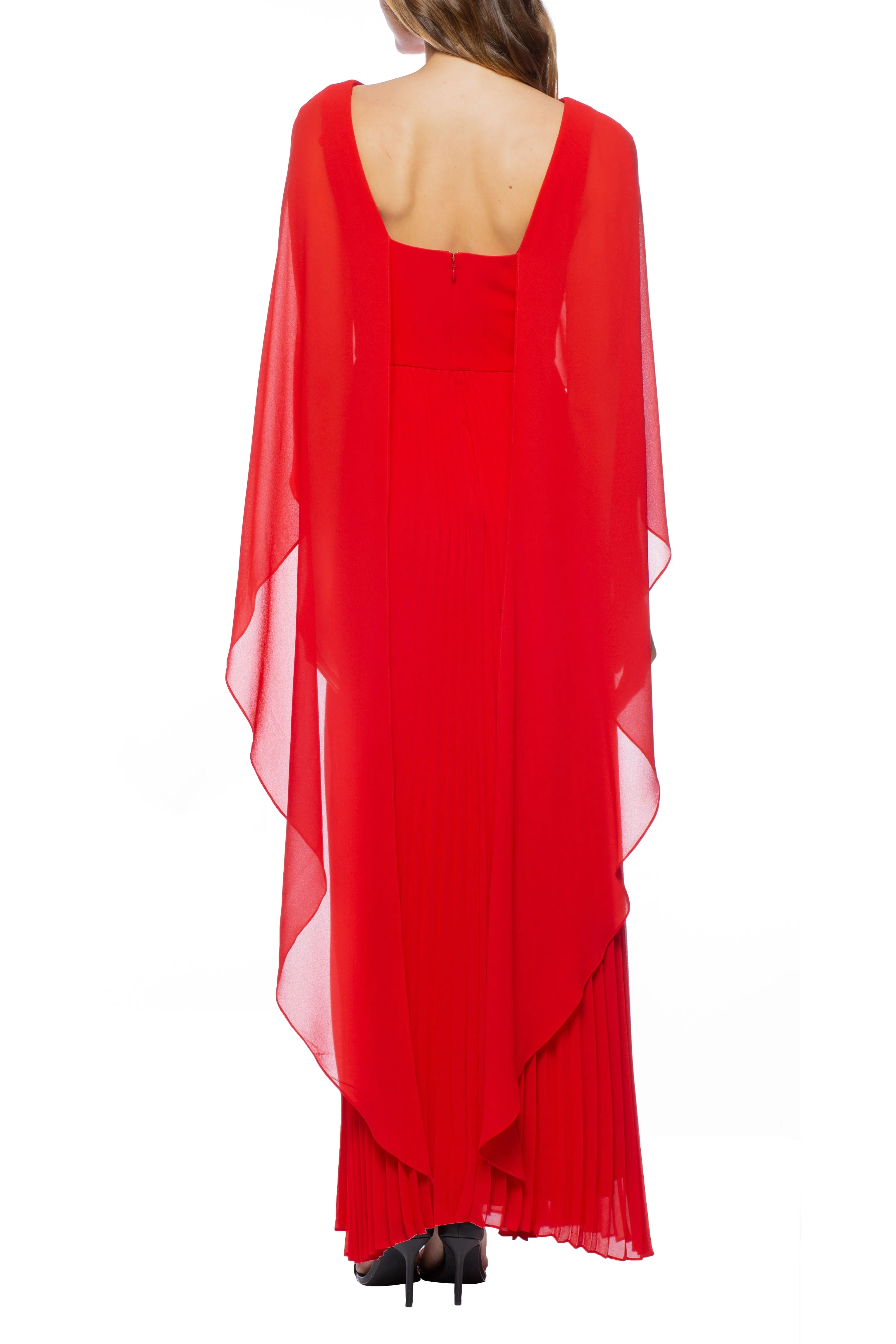 Marina Boat Neck Capelet Pleated Front Zipper Closure Solid Crepe Chiffon Gown