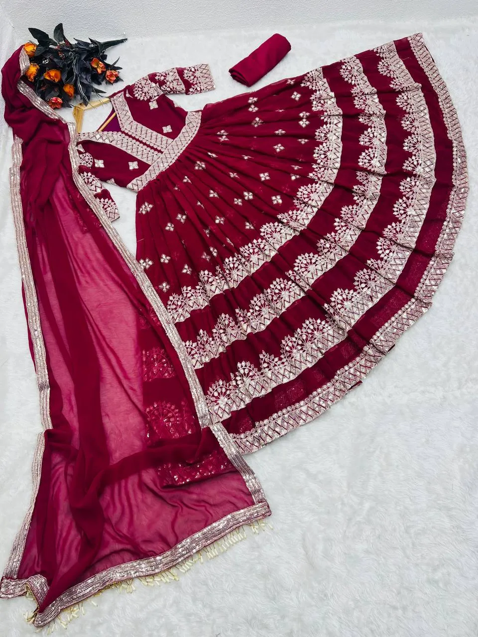 Maroon Anarkali Gown in Faux Georgette with Embroidery Sequence Work