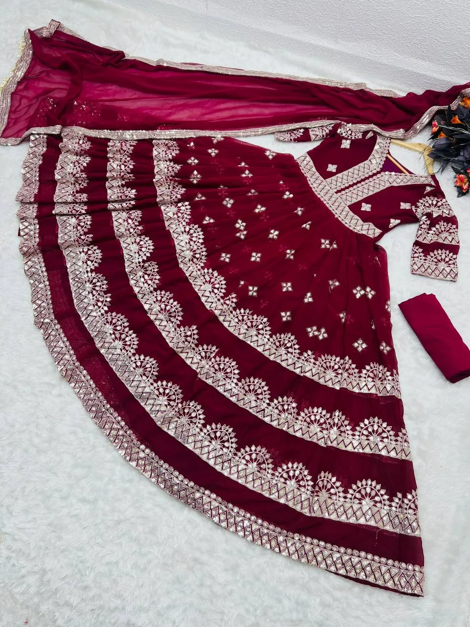 Maroon Anarkali Gown in Faux Georgette with Embroidery Sequence Work