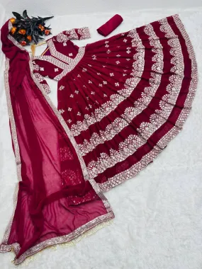Maroon Anarkali Gown in Faux Georgette with Embroidery Sequence Work