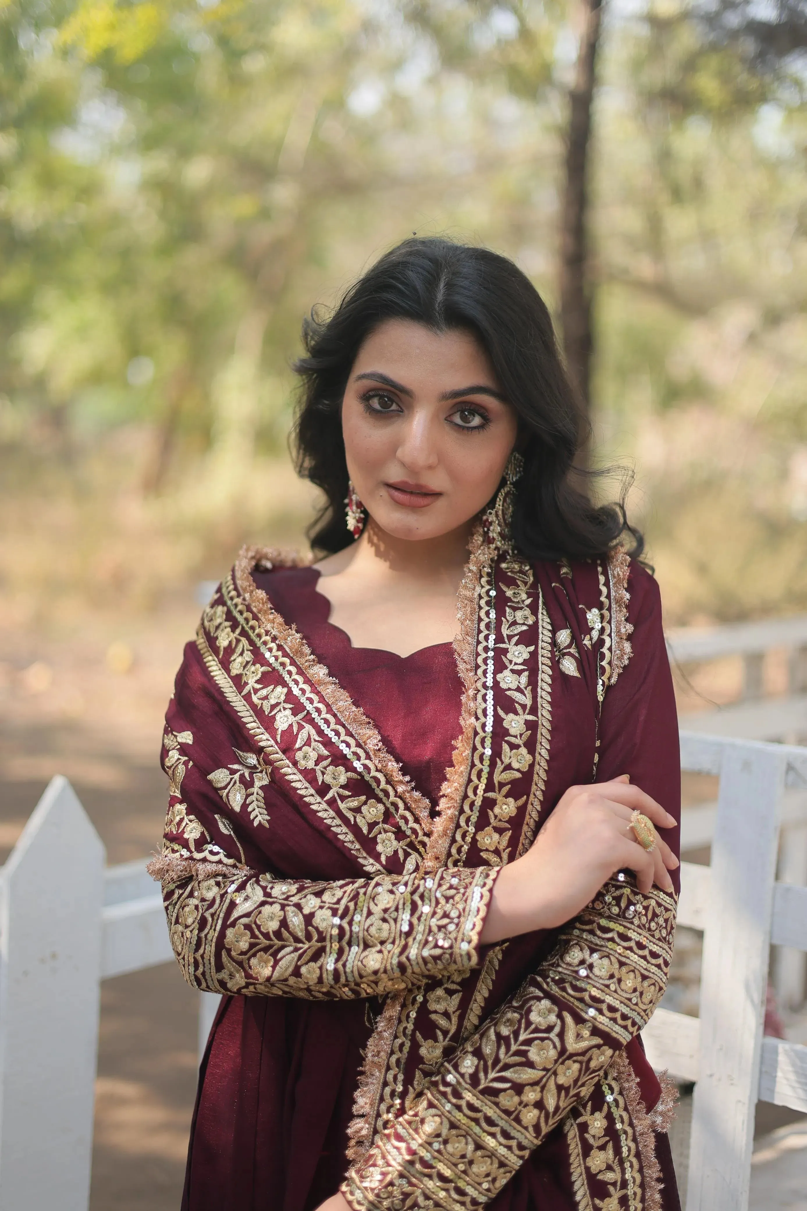 Maroon Vichitra Shimmer Rich Sequins Worked Designer Gown
