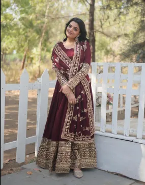 Maroon Vichitra Shimmer Rich Sequins Worked Designer Gown