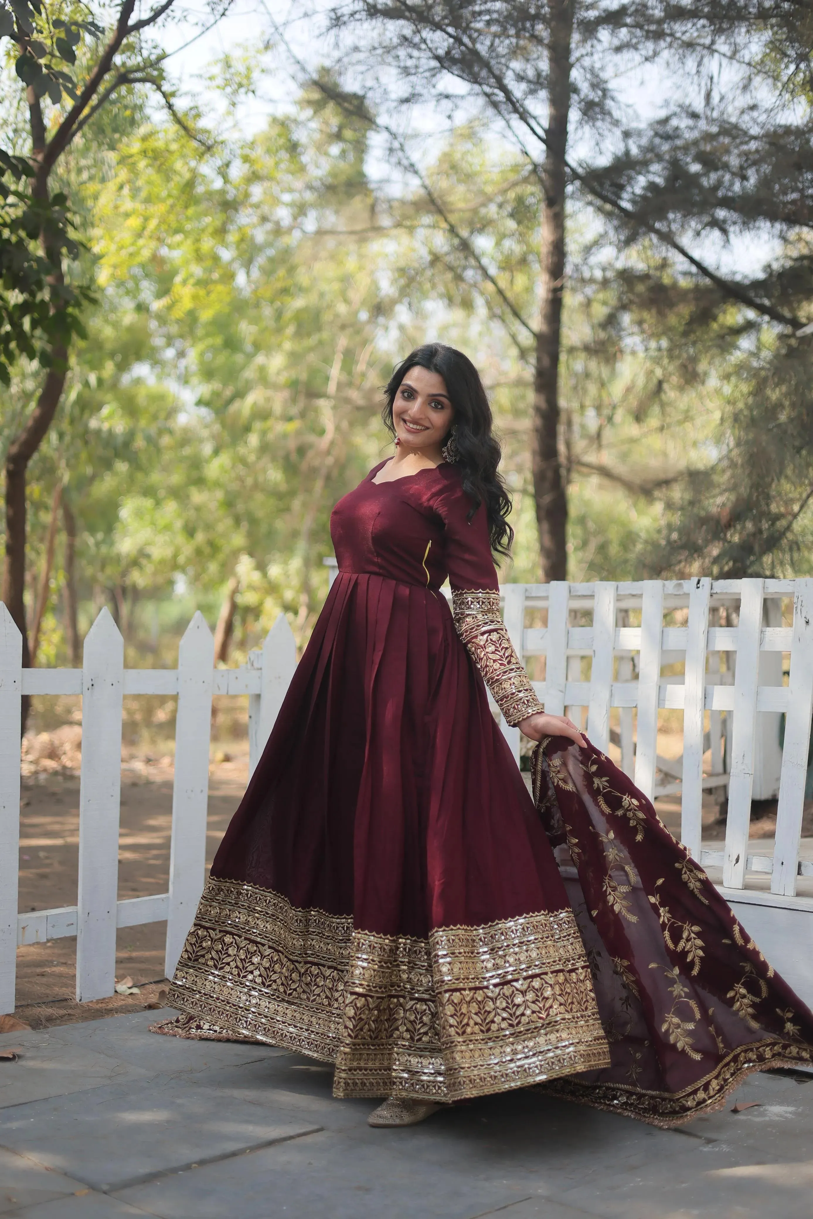 Maroon Vichitra Shimmer Rich Sequins Worked Designer Gown