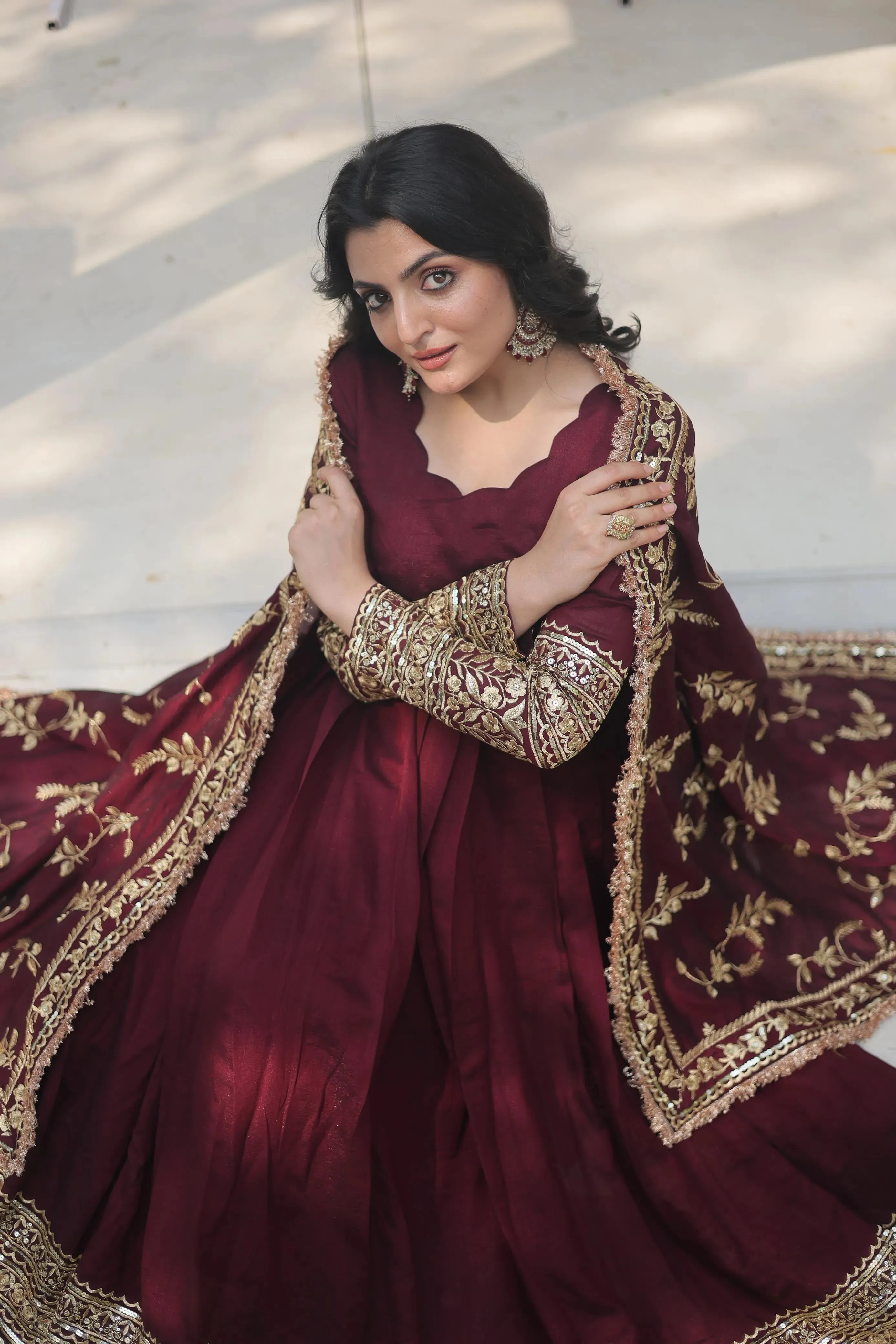 Maroon Vichitra Shimmer Rich Sequins Worked Designer Gown