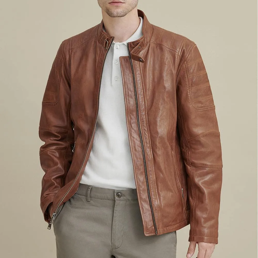 Men's Biker Leather Moto Jacket In Brown