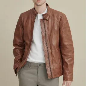 Men's Biker Leather Moto Jacket In Brown