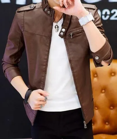 Mens Stand Collar Faux Leather Motorcyle Jacket