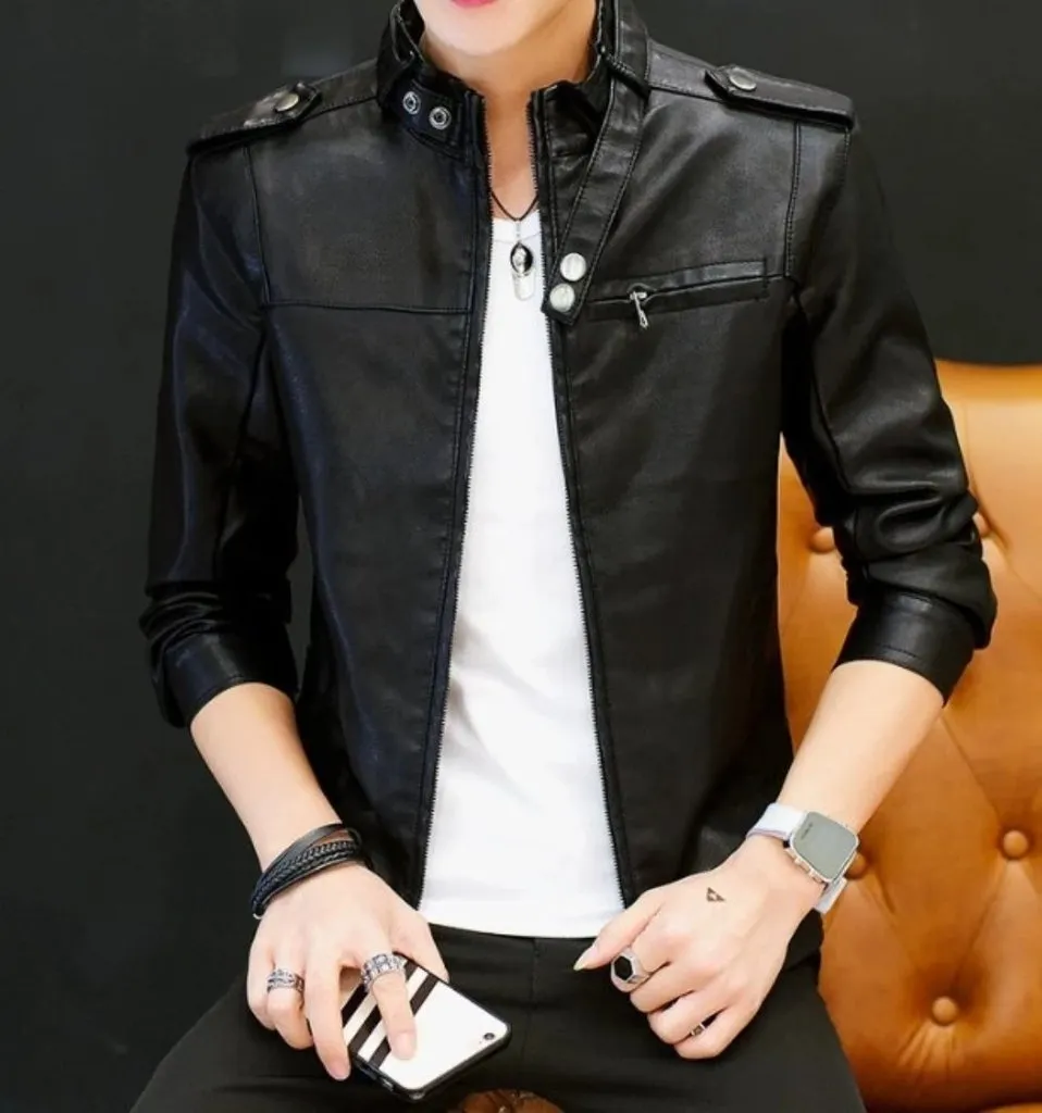 Mens Stand Collar Faux Leather Motorcyle Jacket
