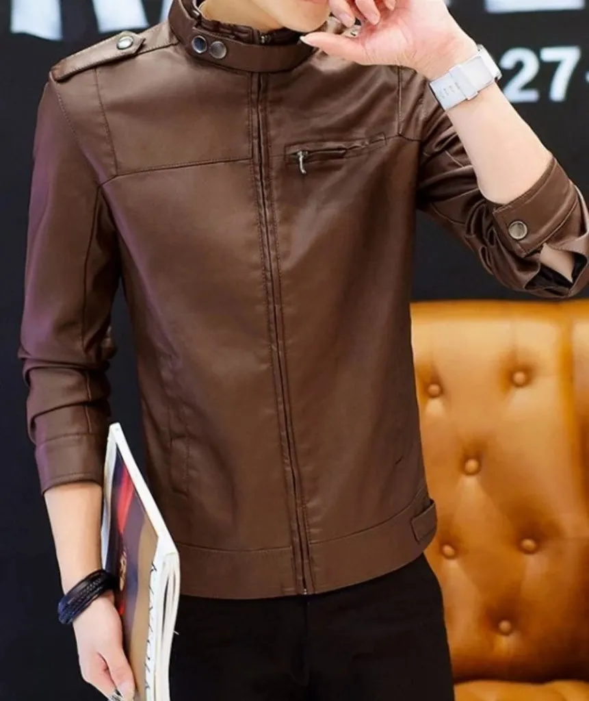 Mens Stand Collar Faux Leather Motorcyle Jacket