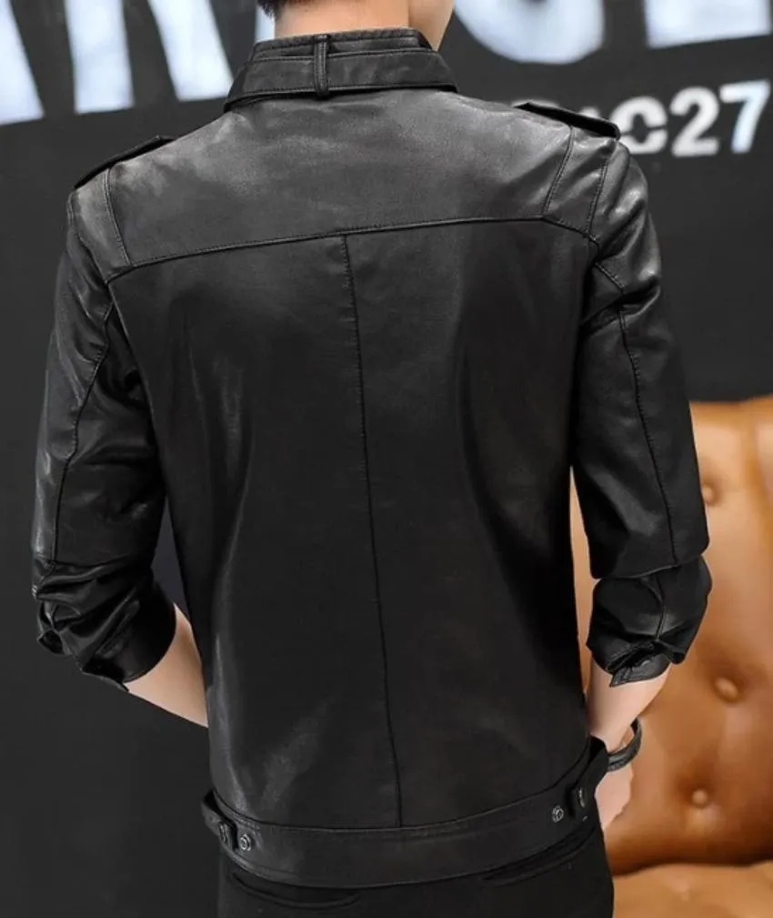 Mens Stand Collar Faux Leather Motorcyle Jacket