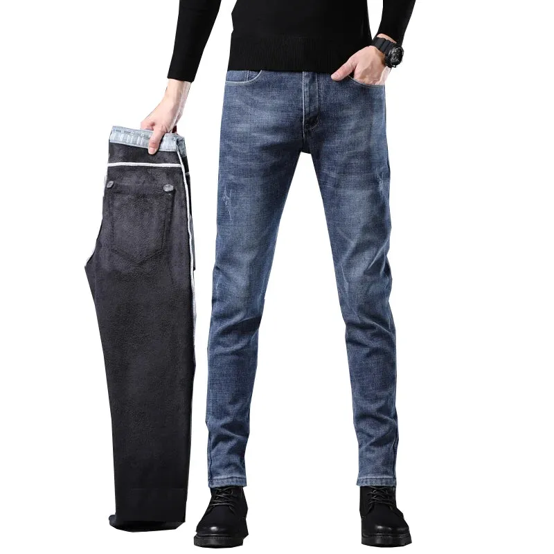 Men's Winter Jeans Warmer Thicken Jeans With Fleece Casual Denim Pants Blue Slim Skinny Trousers For Men Cowboys Mens Clothing