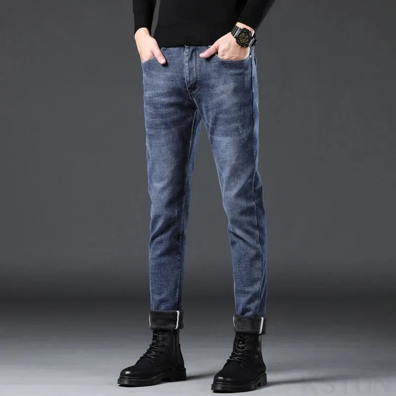 Men's Winter Jeans Warmer Thicken Jeans With Fleece Casual Denim Pants Blue Slim Skinny Trousers For Men Cowboys Mens Clothing