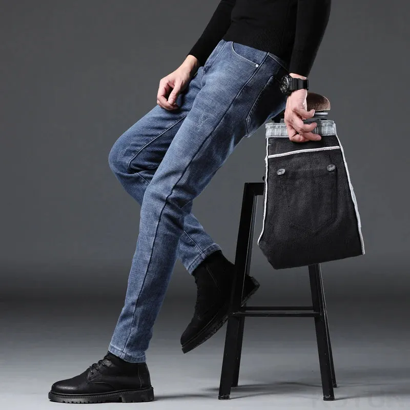 Men's Winter Jeans Warmer Thicken Jeans With Fleece Casual Denim Pants Blue Slim Skinny Trousers For Men Cowboys Mens Clothing