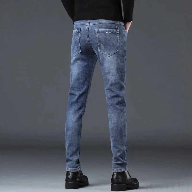 Men's Winter Jeans Warmer Thicken Jeans With Fleece Casual Denim Pants Blue Slim Skinny Trousers For Men Cowboys Mens Clothing