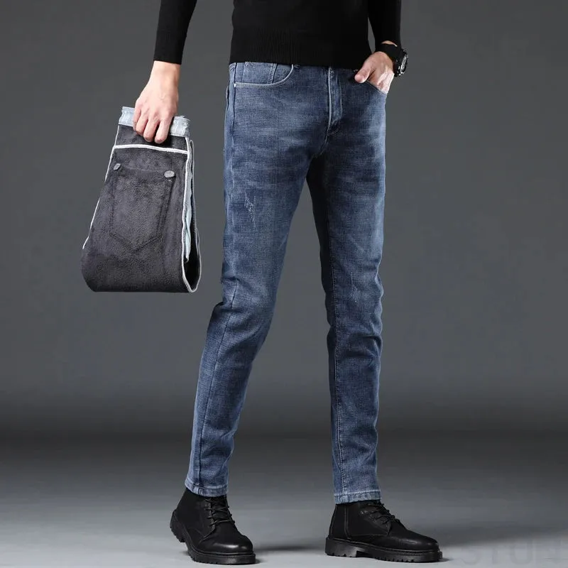 Men's Winter Jeans Warmer Thicken Jeans With Fleece Casual Denim Pants Blue Slim Skinny Trousers For Men Cowboys Mens Clothing