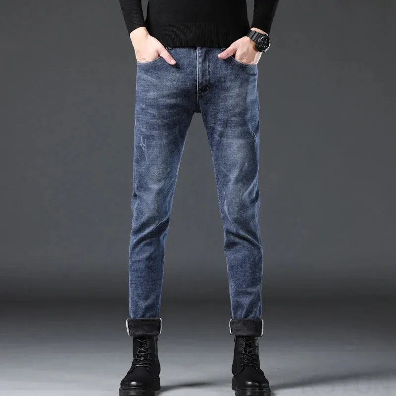 Men's Winter Jeans Warmer Thicken Jeans With Fleece Casual Denim Pants Blue Slim Skinny Trousers For Men Cowboys Mens Clothing