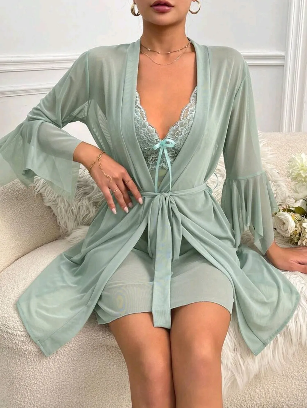 Mint Chiffon 2 Piece Night Dress Set
