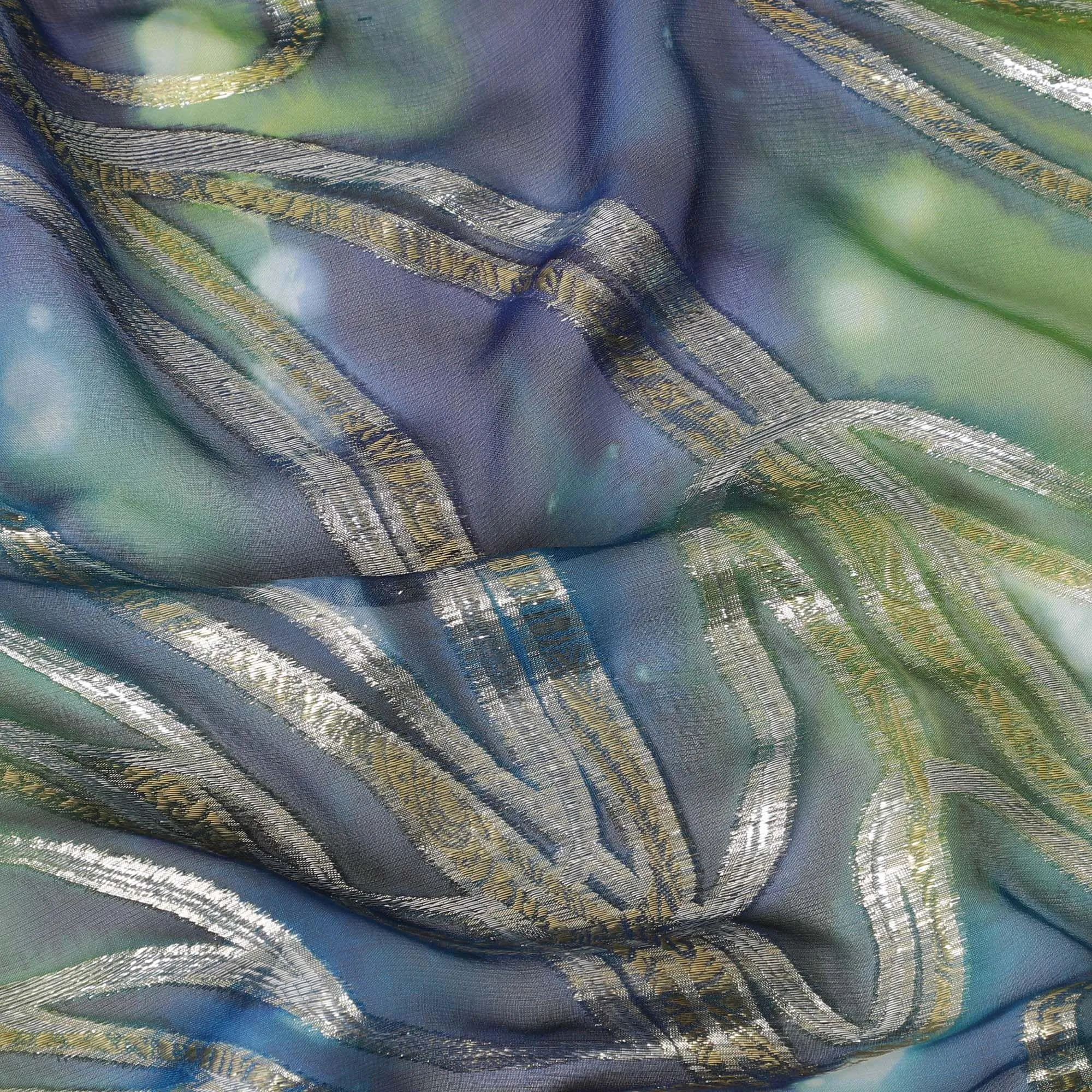 Multicolor Premium pure silk chiffon fabric with gold metallic lurex in abstract design-D14108