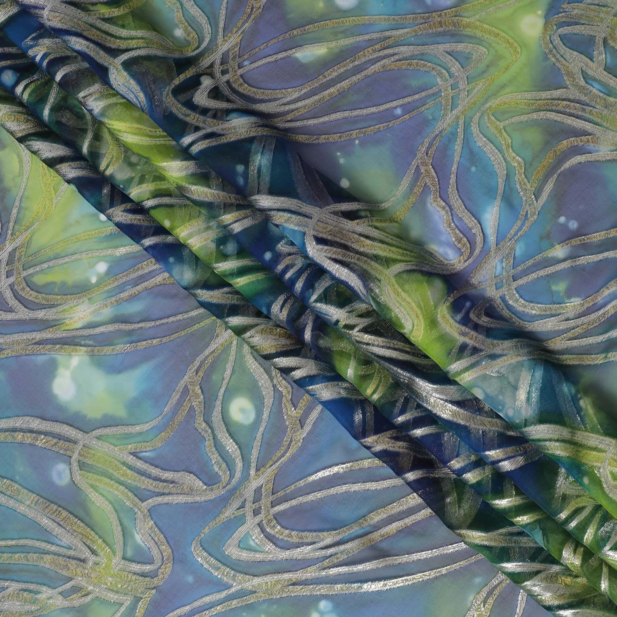 Multicolor Premium pure silk chiffon fabric with gold metallic lurex in abstract design-D14108