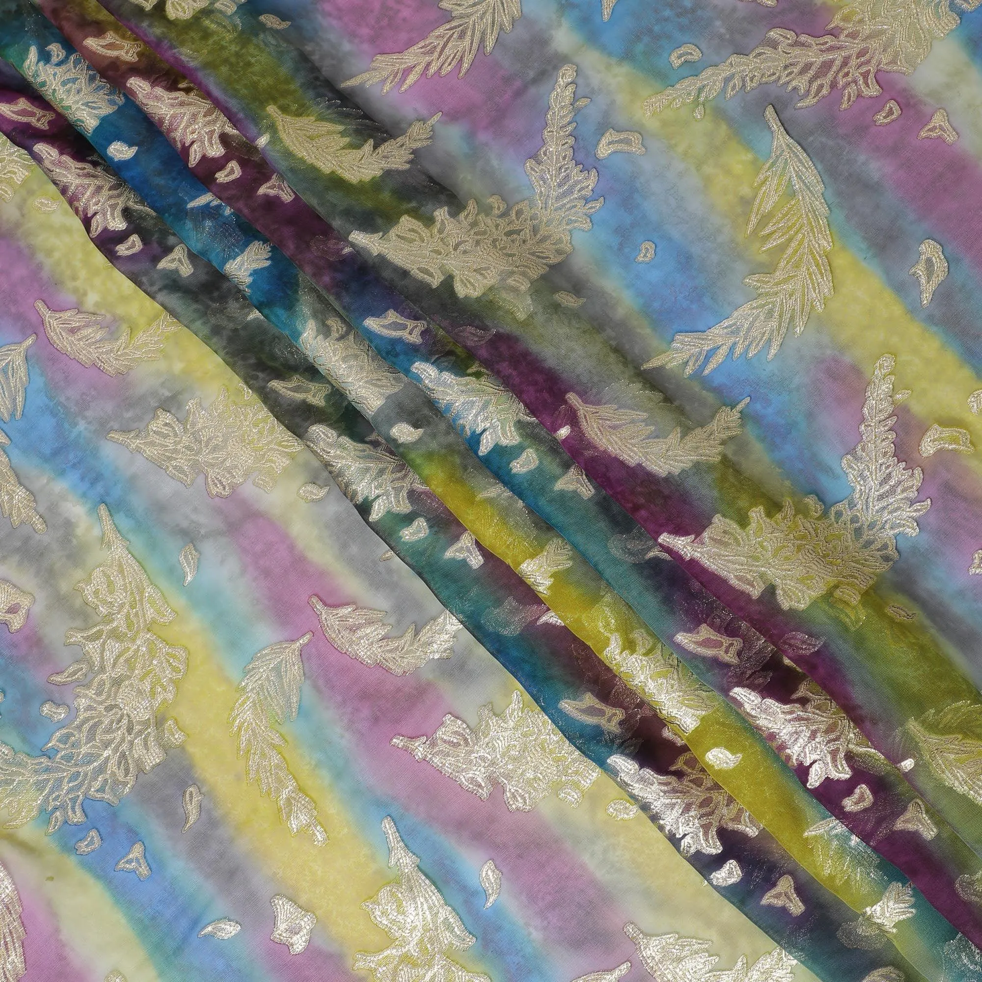 Multicolor premium pure silk chiffon fabric with gold metallic lurex in floral design-D14240