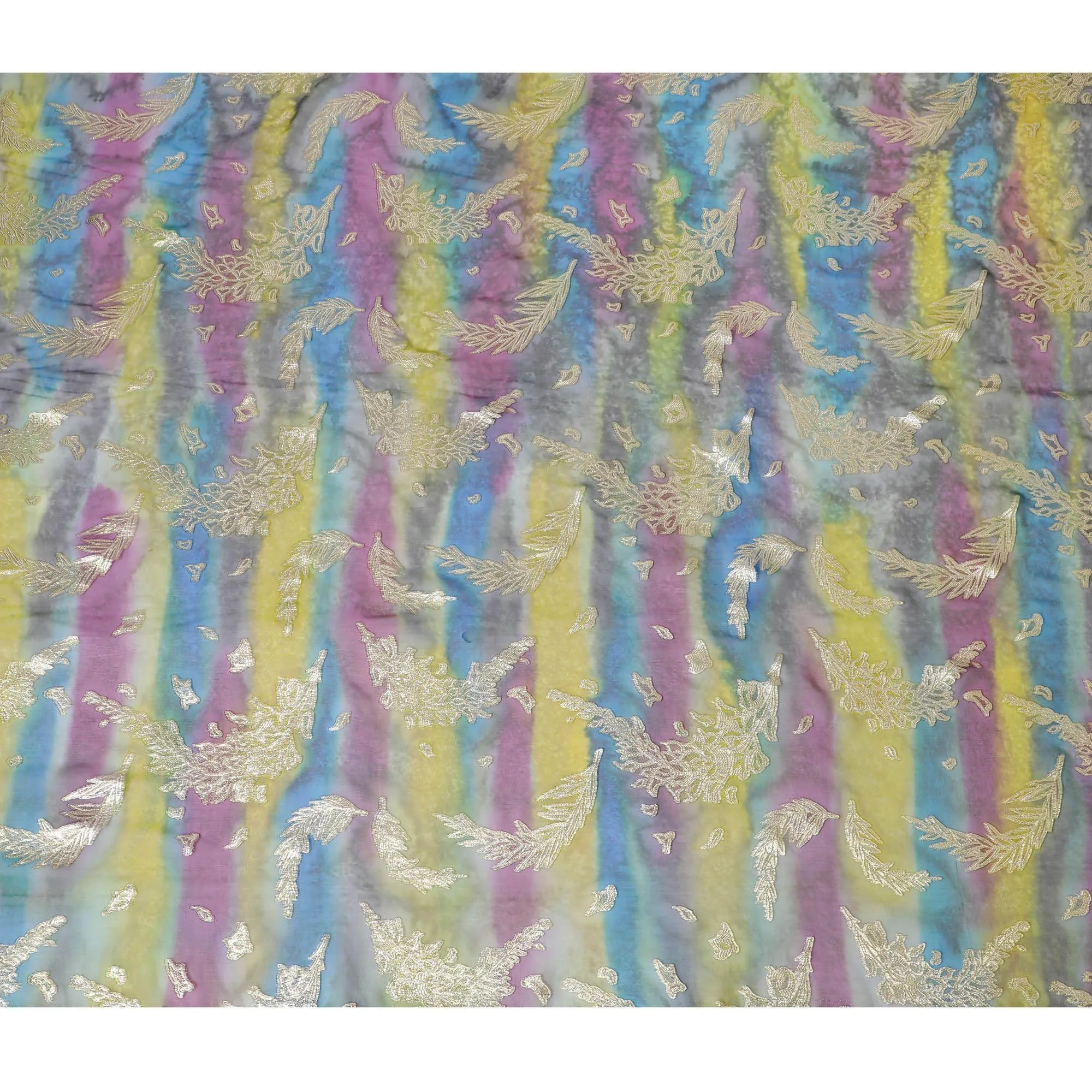 Multicolor premium pure silk chiffon fabric with gold metallic lurex in floral design-D14240