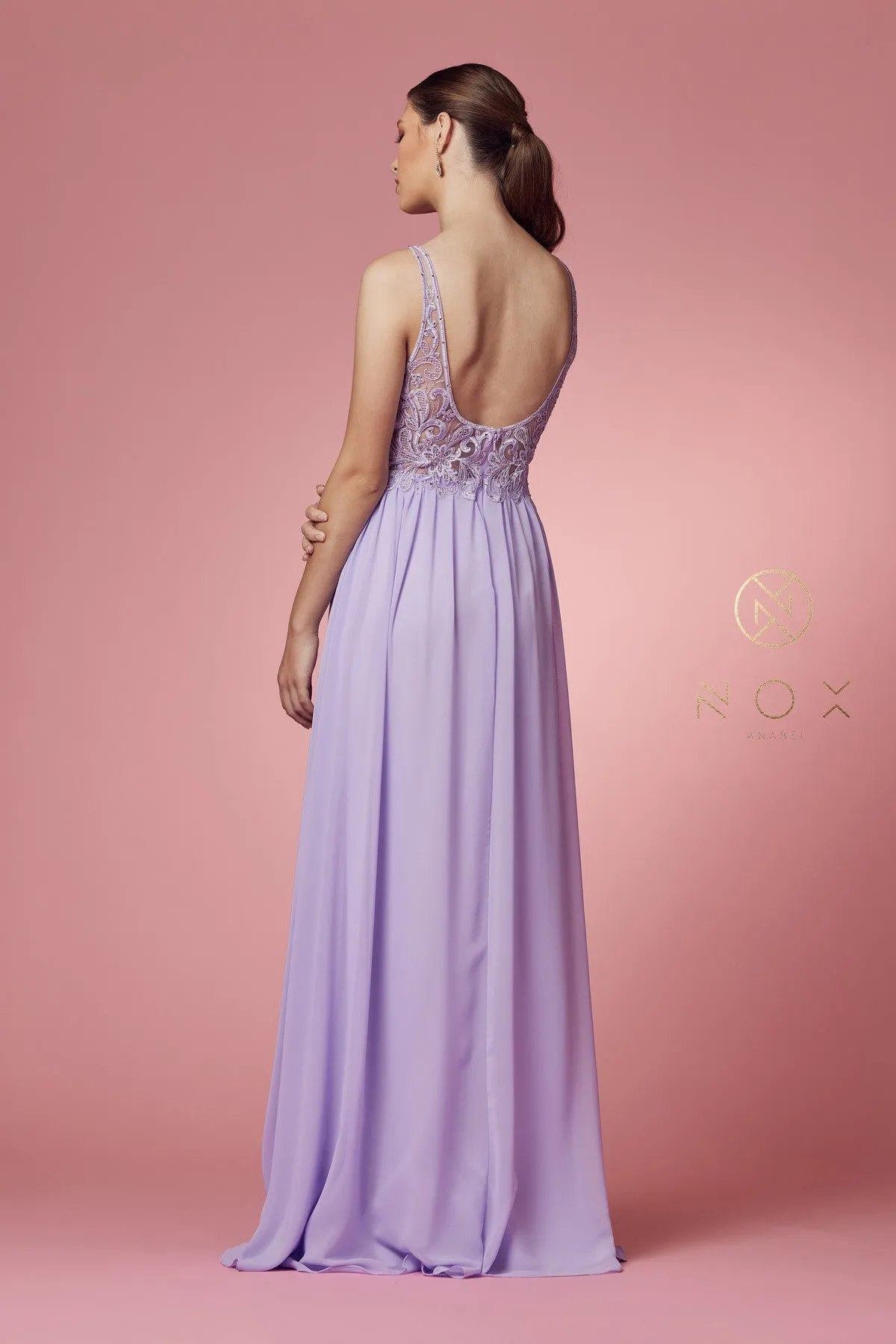 N Y299 - A-Line Prom Gown with Beaded Lace Bodice Leg Slit & Flowy Chiffon Skirt