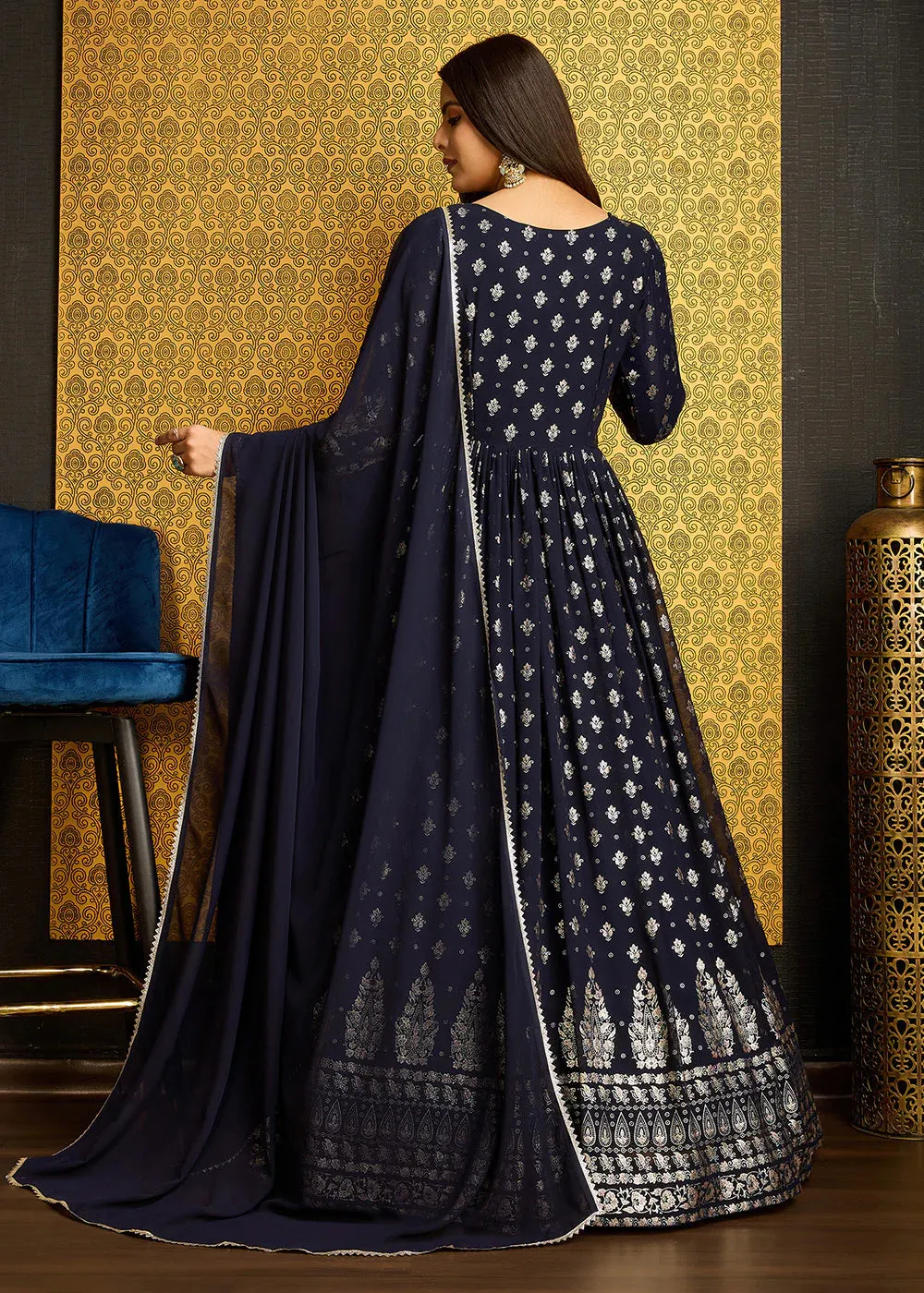 Navy Blue Faux Georgette Gown With Metallic Foil And Embroidery