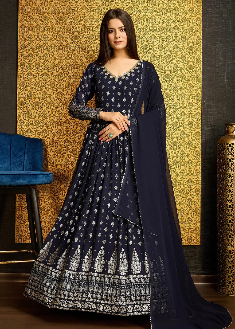Navy Blue Faux Georgette Gown With Metallic Foil And Embroidery