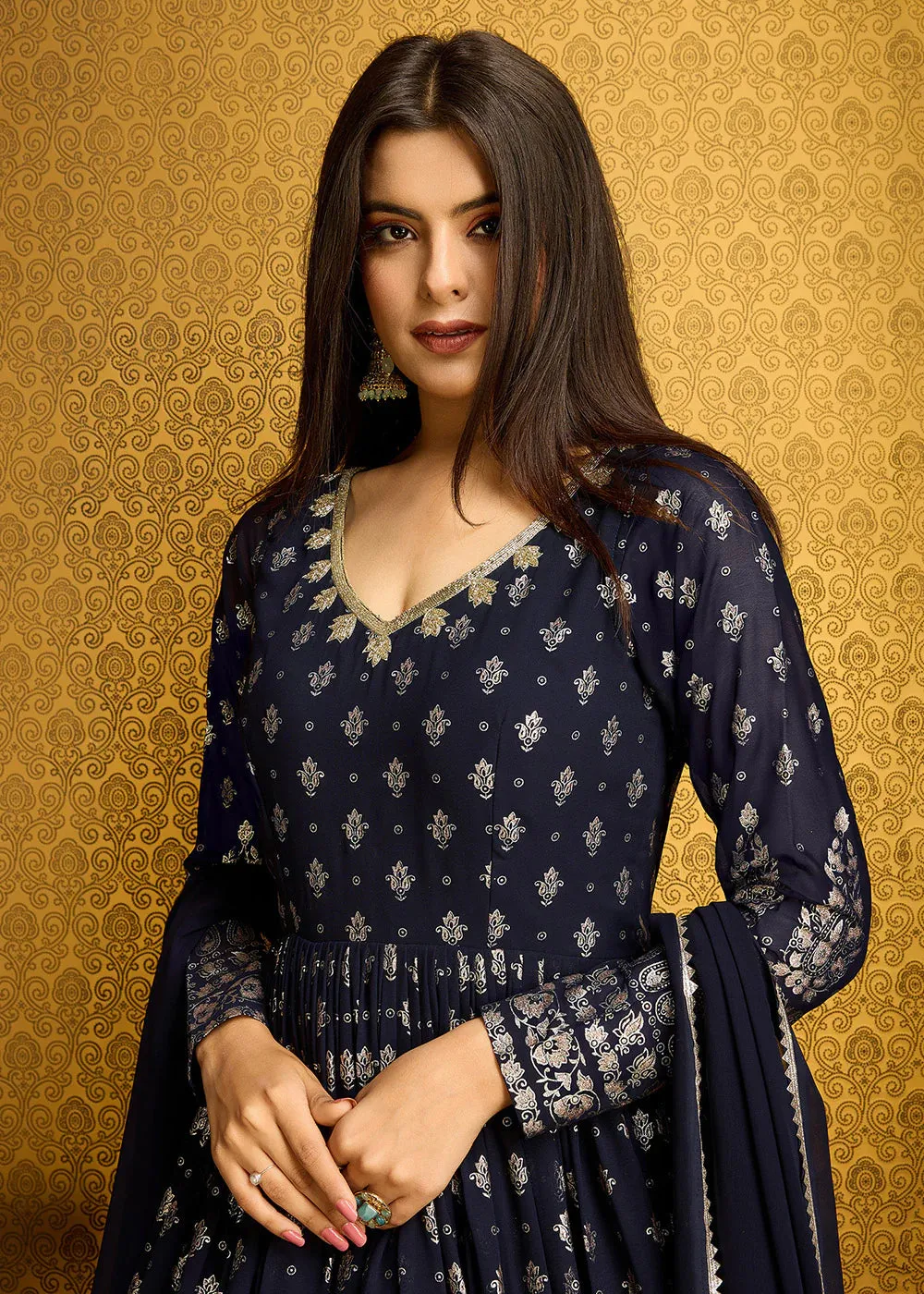 Navy Blue Faux Georgette Gown With Metallic Foil And Embroidery