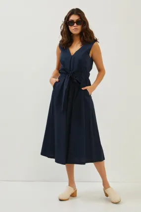 Navy Cotton Bow Detail Midi Dress