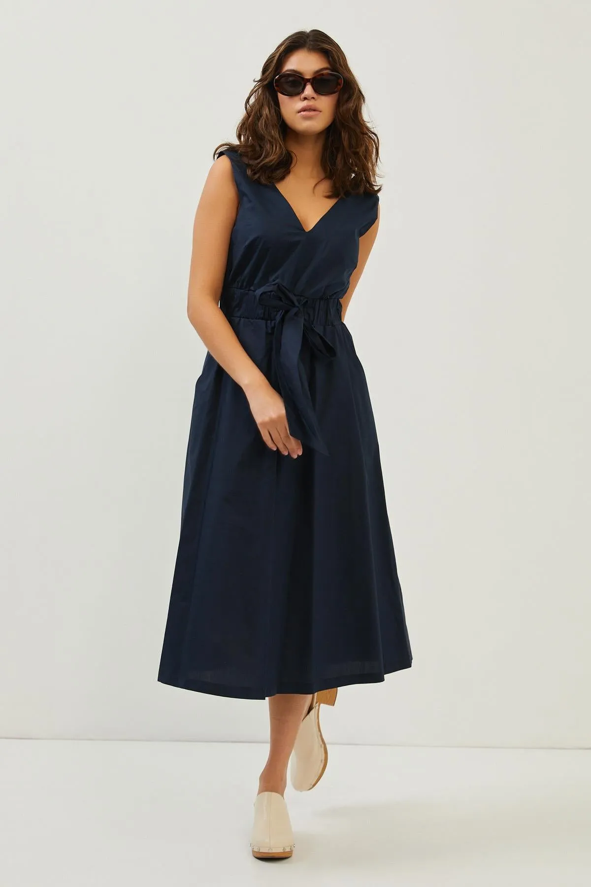 Navy Cotton Bow Detail Midi Dress