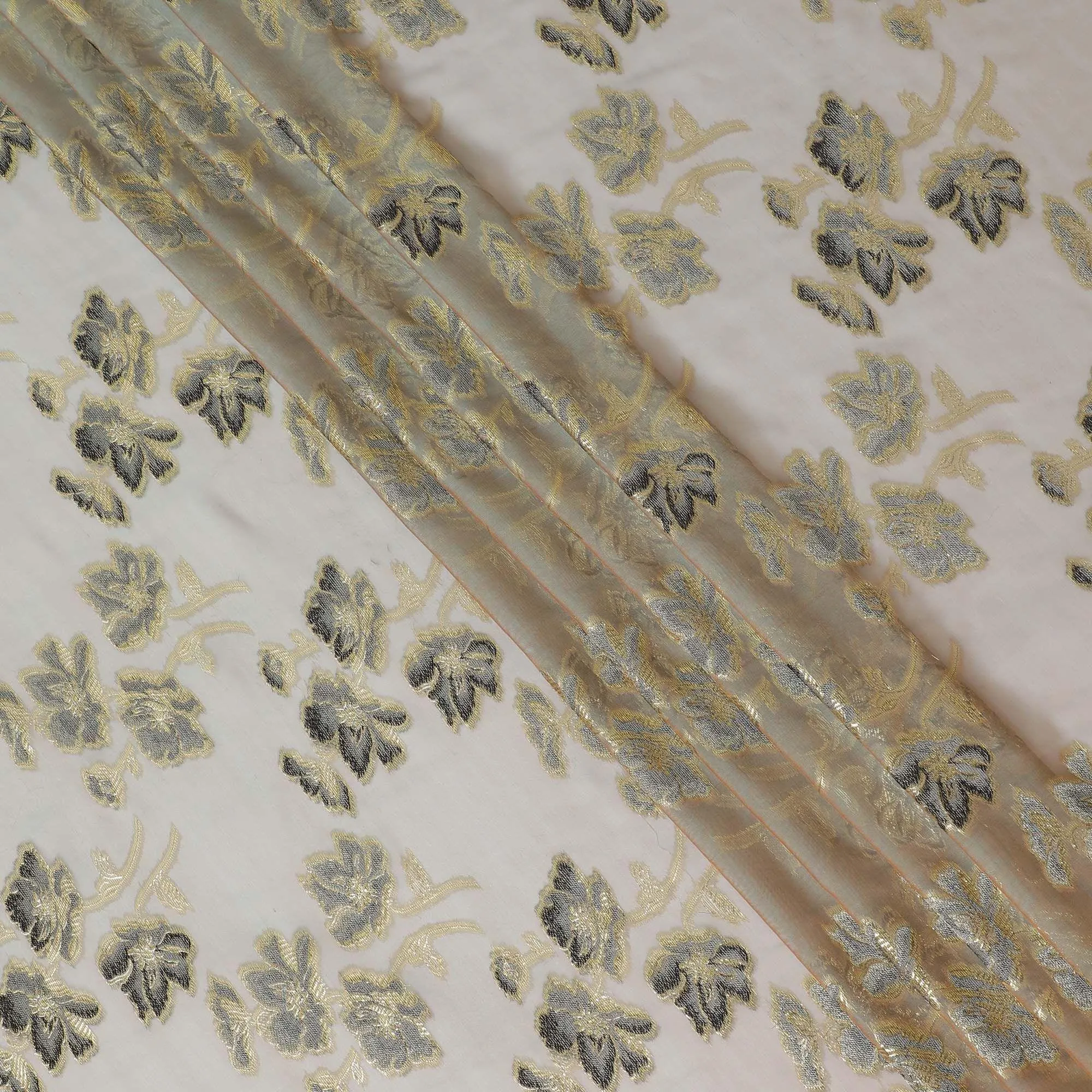 Olive, brown premium pure silk chiffon fabric with grey, black viscose having gold metallic lurex in floral design-D14128