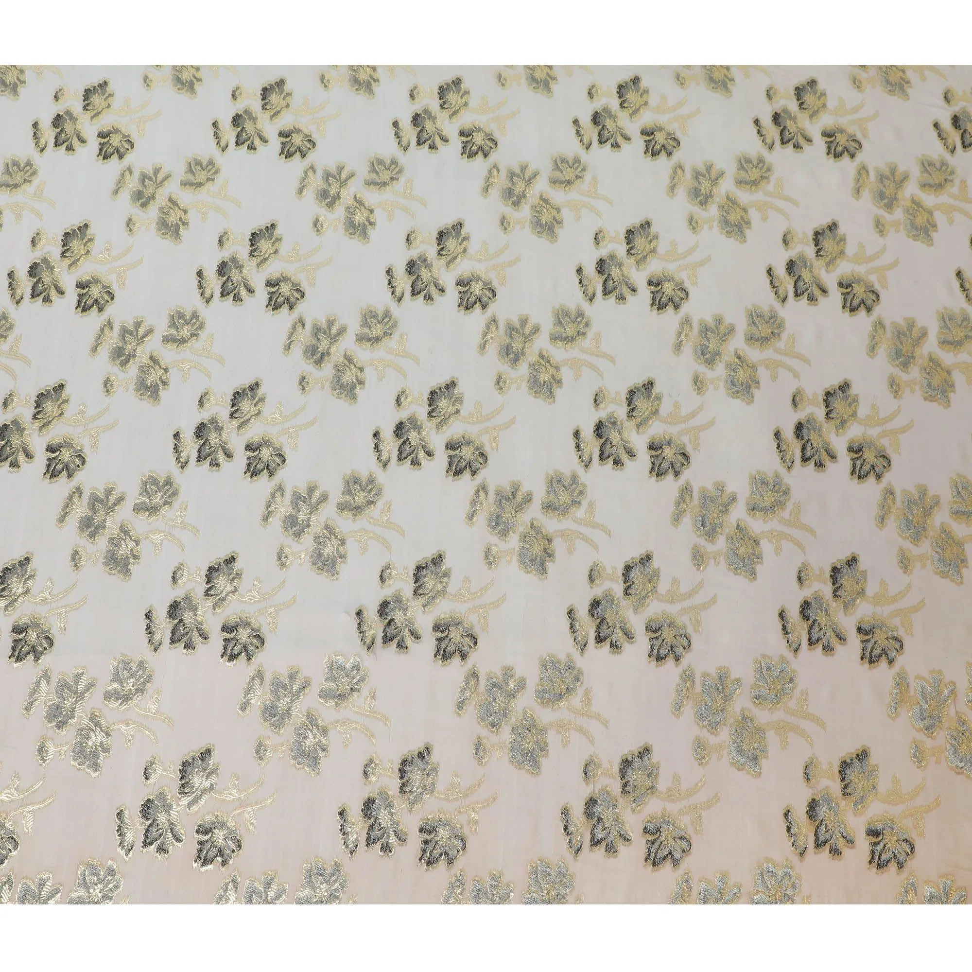 Olive, brown premium pure silk chiffon fabric with grey, black viscose having gold metallic lurex in floral design-D14128