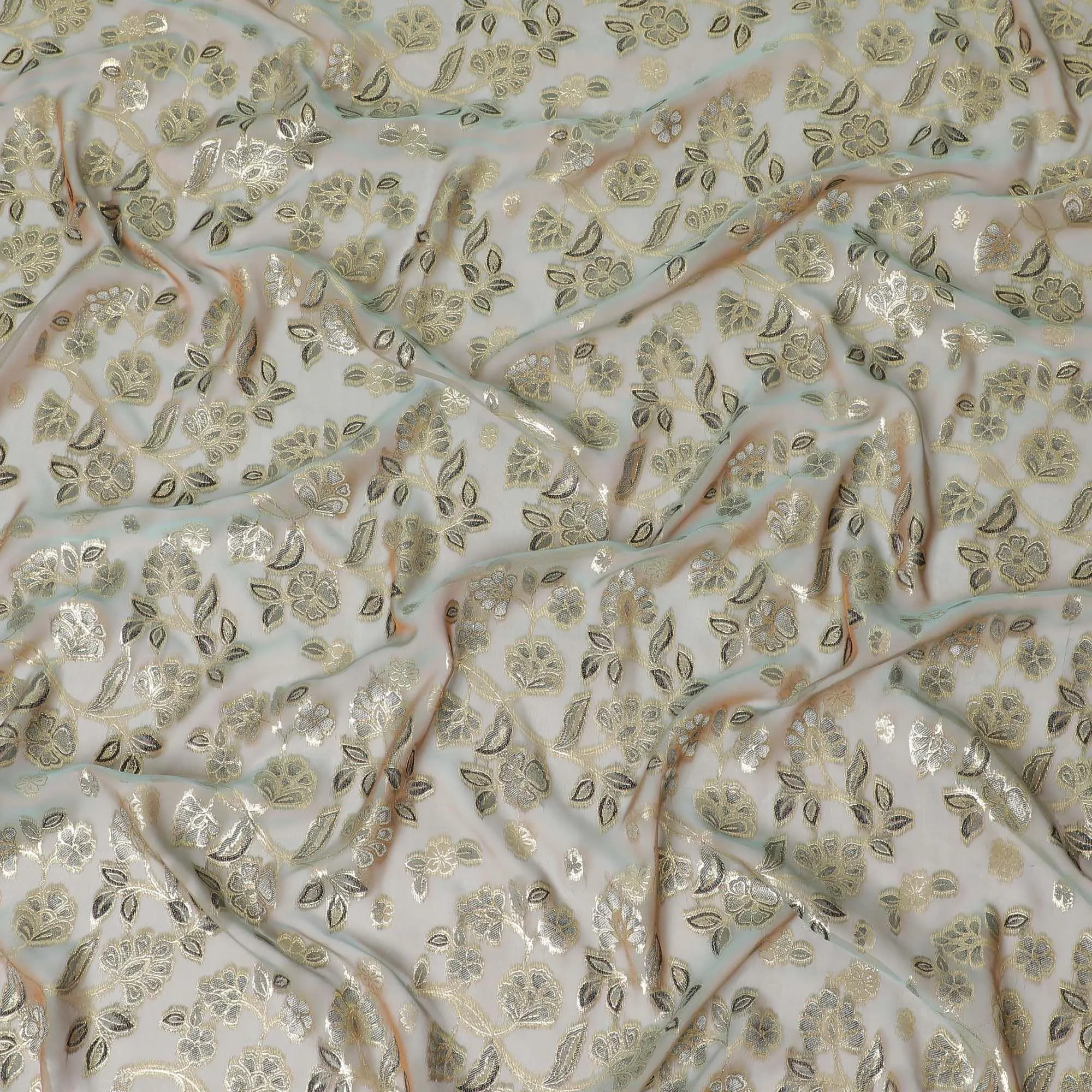 Olive, brown premium pure silk chiffon fabric with same tone, black viscose having gold metallic lurex in floral design-D14124