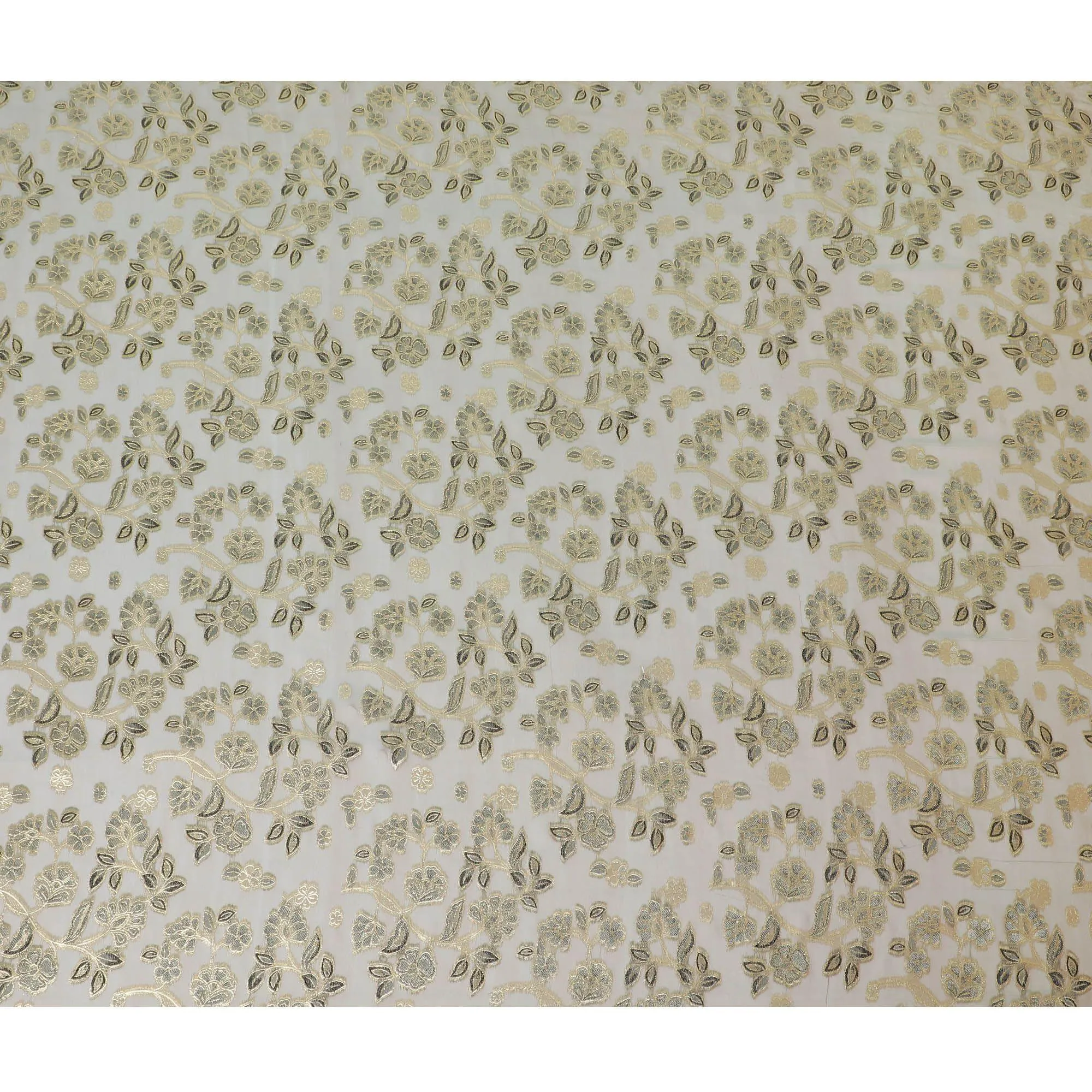 Olive, brown premium pure silk chiffon fabric with same tone, black viscose having gold metallic lurex in floral design-D14124