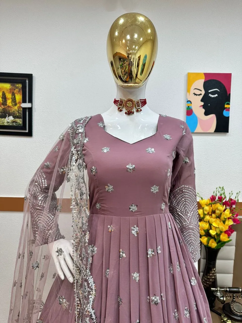 Onion Color Anarkali Gown in Faux Georgette with Sequence Embroidery Work