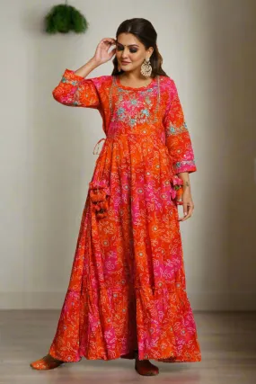 Orange Bandhani Print Ethnic Gown (pack of 1)