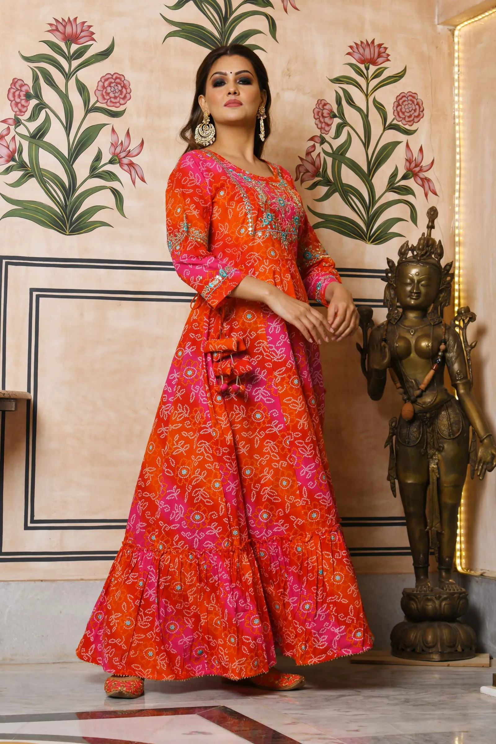 Orange Bandhani Print Ethnic Gown (pack of 1)